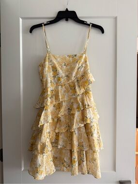 LoveShackFancy Yellow Floral Ruffle Tiered Mini Dress